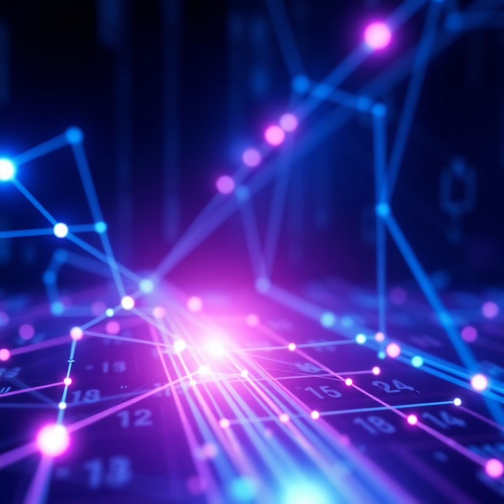 Digital technology network connection, futuristic data visualization, blue and purple tones