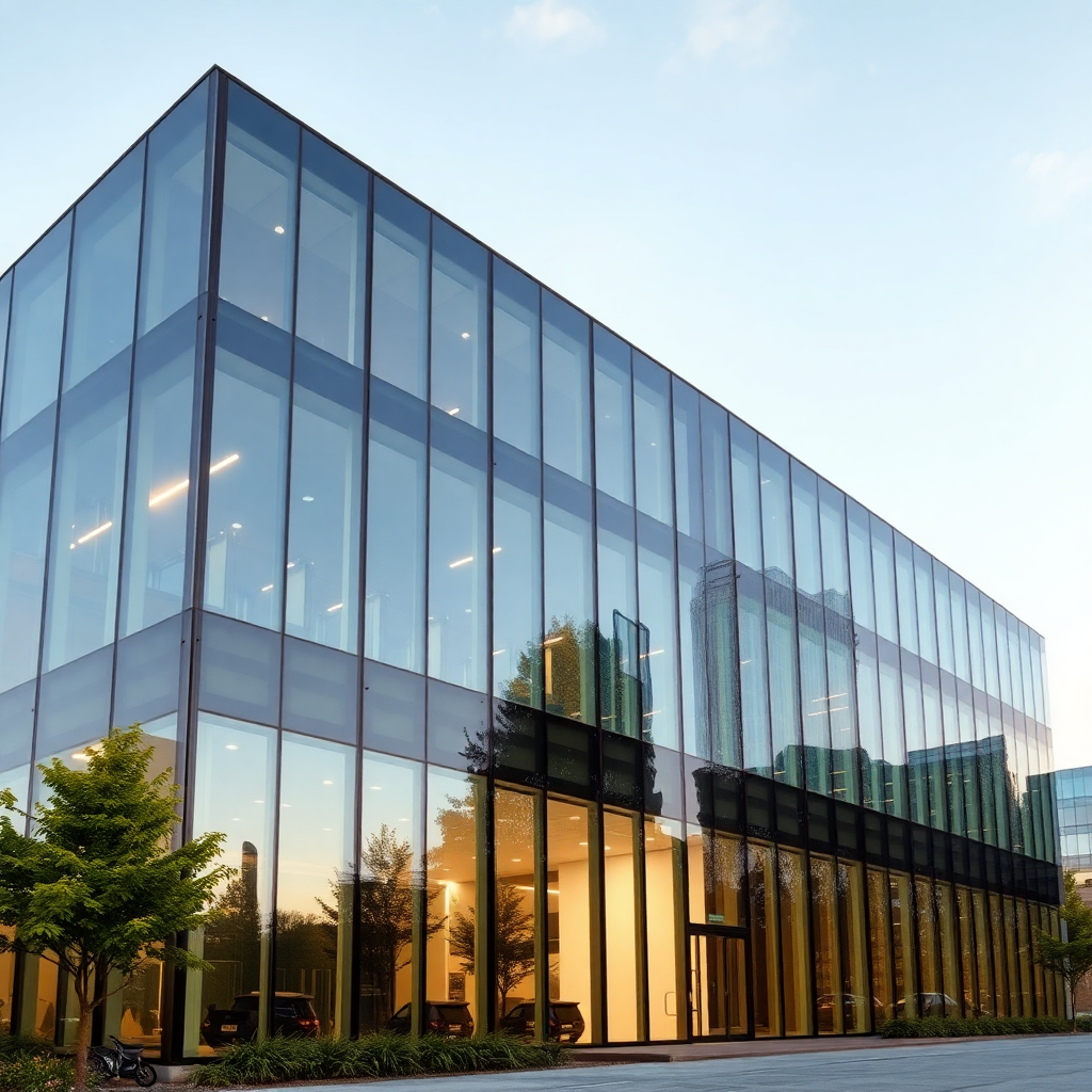Modern corporate office building exterior with glass facade, professional business architecture